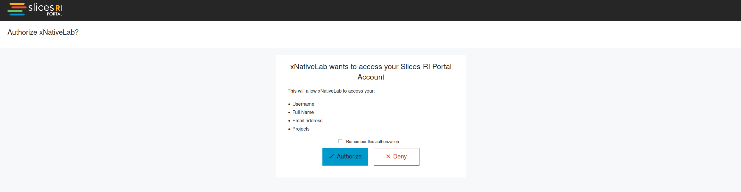 screenshot of the authorization portal